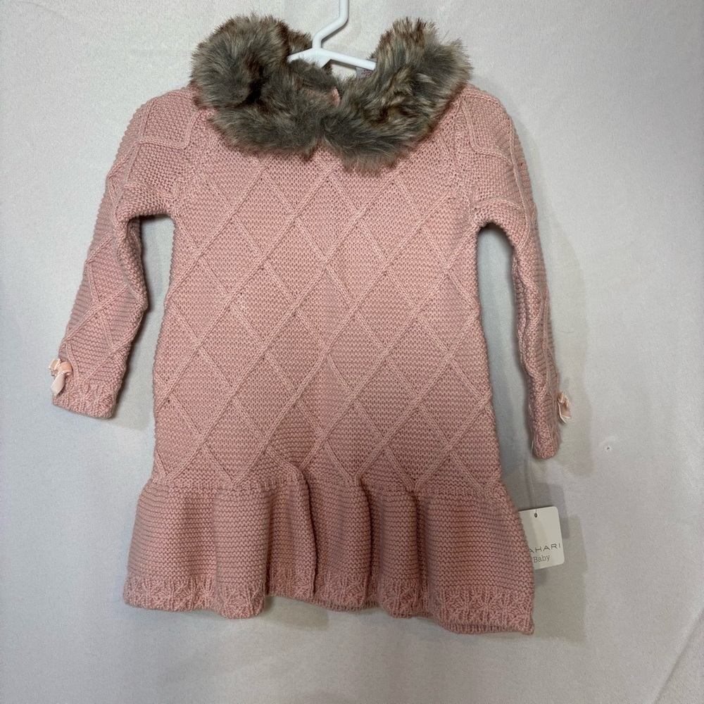 TAHARI Baby Girl’s Dress Cable Knit Faux Fur Collar Size 12m